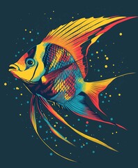 Colorful angelfish with intricate patterns gliding gracefully in a plain background.