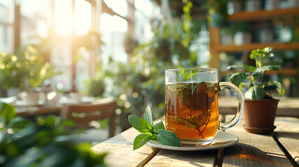 Wall Mural - Employee Wellness: Photo Realistic Profile with Herbal Tea Scene for Corporate and Lifestyle Ads