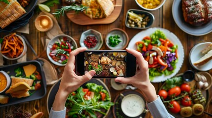 restaurant owner takes a picture of the food on the table with a smartphone to post on a website. Online food delivery, ordering service, influencer, review, social media, share, marketing, interest.