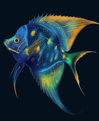 Colorful angelfish with intricate patterns gliding gracefully in a plain background.