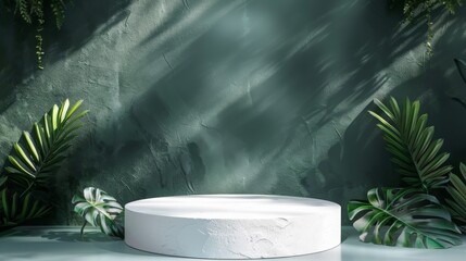 Poster - A white circular pedestal is surrounded by lush green tropical plants indoors, with sunlight streaming through, creating shadows on the walls.