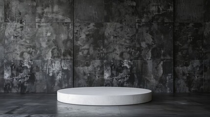 Aufkleber - A white circular platform stands against a dark, textured concrete wall in a minimalist industrial interior.