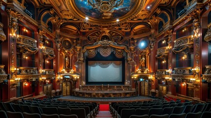 1920s silent film theater, with ornate gold details and monochrome screen