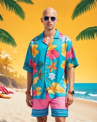 Wall Mural - young bald guy with beach summer stylish clothing outfit model posing on bright color background portrait