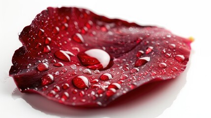 Red rose petal with water droplets on a white background