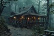 © kornc - A detailed 4K image capturing a charming coffee shop situated deep in the forest, shrouded in mist. The shop features a quaint wooden exterior with a welcoming porch, and the surrounding trees and