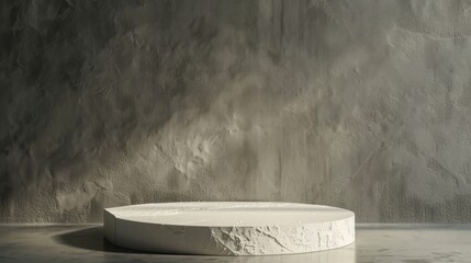 Fototapete - A minimalist round concrete pedestal placed against an industrial-style gray wall, bathed in soft dawn light, creating a serene atmosphere.