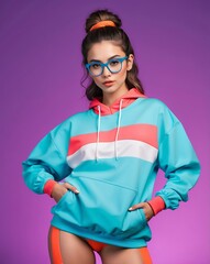 Poster - young nerd woman with athletic stylish clothing outfit model posing on bright color background portrait