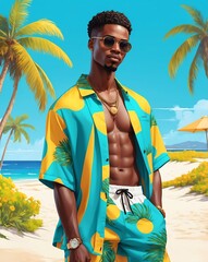 Wall Mural - young african guy with beach summer stylish clothing outfit model posing on bright color background portrait