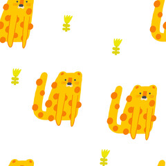 Wall Mural - Cute jungle, wild nature seamless pattern. Funny hand drawn doodle repeatable pattern with wild african tropical cat, leopard mascot. Mossy forest, wood theme background