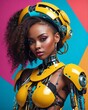 © Arceli - young african woman with robotic stylish clothing outfit model posing on bright color background portrait