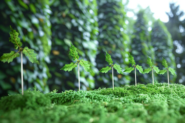 European Union Flags and Young Plants Symbolizing Ecology, a row of small European Union flags planted in the soil next to young plants. The EU flags, with their blue background and yellow stars,	