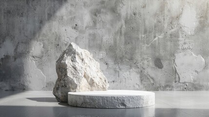 Fototapete - Large rough stone rests on a round concrete pedestal with a sunlight-lit background of a textured concrete wall.
