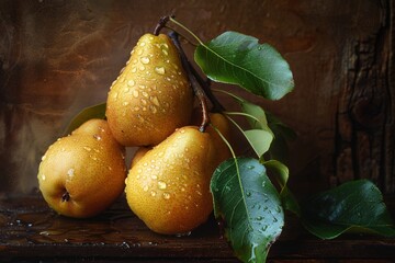 a group of pears on a branch