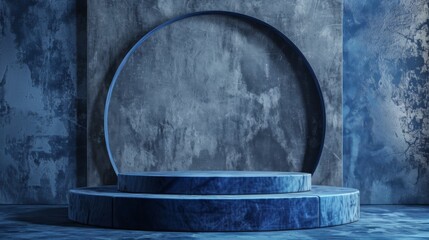 Poster - A modern circular blue pedestal with industrial design elements, set against a textured blue background in daylight.