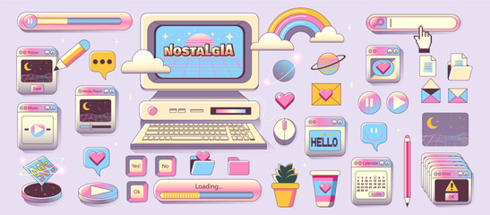 Old computer aestethic. Vaporwave style pc elements, user interface, UI, , planet, dialogue windows, icons in trendy y2k retro style. Vector illustrations. Nostalgia for 1990s -2000s.