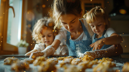 photo realistic image: mother with kids baking cookies a beautiful blend of a mother s profile and k