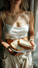 Poster - a woman in a domestic setting, holding a plate of sliced white bread while touching her stomach to indicate discomfort