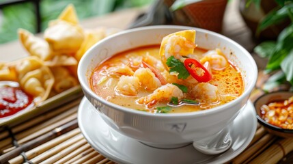 A bowl of Tom Yum Goong soup served with a side of crispy fried shrimp wontons and a sweet chili dipping sauce, on a ceramic plate with a bamboo placemat at a street food stall.