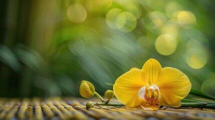 Wall Mural - Yellow orchid and bamboo grove on a mat representing wellness and beauty