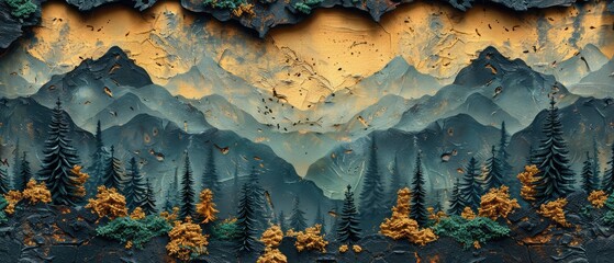 Wall Mural - layered textured landscape with silhouetted mountain ranges and trees in shades of black and gold creating a serene nature scene for creative use