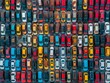 © J.O.B ART - From above, the top view of a sprawling suburban car parking area showcases the variety of cars in different shapes and sizes, high resolution DSLR