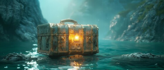 Wall Mural - a treasure chest is floating in the water