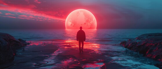 Canvas Print - A man is walking on a beach with a large red moon in the background