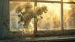 © LKT - A nostalgic scene featuring a bouquet of soft yellow roses, reminiscent of cherished memories and friendship, arranged in a vintage mason jar on a weathered wooden windowsill. The soft, golden light