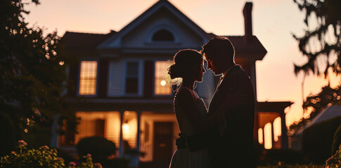 Wall Mural - silhouette of the couple at dusk, with the house lightly backlit by the setting sun