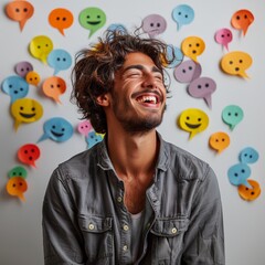 Wall Mural - photo of social media speech bubbles popping out from a person's head/mind. he is happy. he is wearing a gray shirt