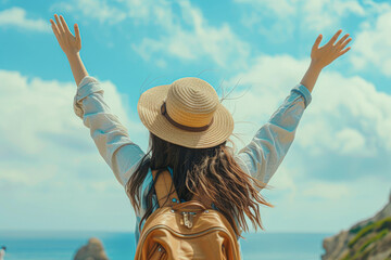 Poster - Woman with Raised Arms in Straw Hat Celebrating Joyful Moment of Solo Travel and Personal Discovery with Limestone Cliffs and Blue Sky Background