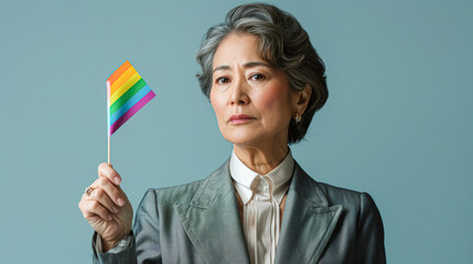 mature woman dressed in a professional gray suit holds a small rainbow flag