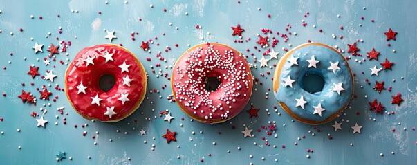 American FlagInspired Donuts, Red, White, and Blue Icing, Star Sprinkles, Patriotic Breakfast Treat, USA Theme
