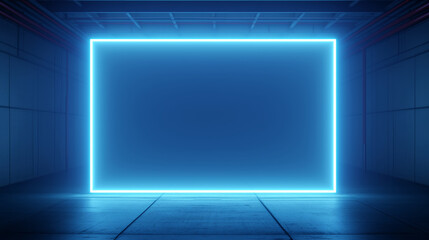 Wall Mural - blue neon glowing square in a dark room background