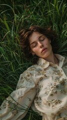 Poster - A woman laying in the grass with her eyes closed