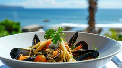 Poster - A seafood linguine dish with clams, mussels, and cherry tomatoes, garnished with parsley and served in a white bowl by the ocean.