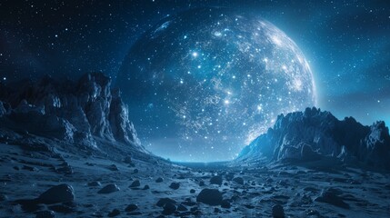 Wall Mural - A large blue moon is in the sky above a rocky landscape