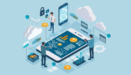 Isometric illustration of businesspeople interacting with digital devices, Concept of data security and technology by AI generated image