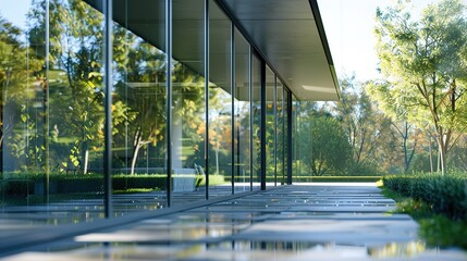 Detailed view of the glass facade of a modern glass house, capturing the reflective properties and the surrounding environment.