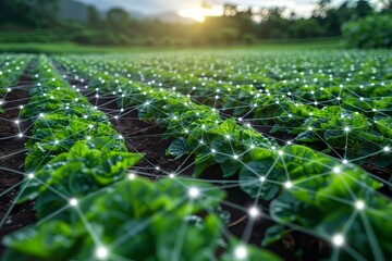 Smart agriculture with IoT technology in a green field at sunrise, showing connected devices and innovative farming solutions.