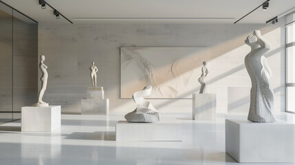 Dynamic Avant Art Gallery mockup showcasing contemporary figurative sculptures in a clean, modern setting, emphasizing form, texture, and innovative design,