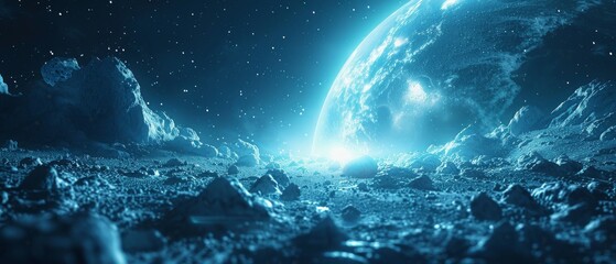 Wall Mural - A blue planet with a bright light in the sky