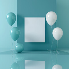 there are balloons and a blank picture frame on a blue wall