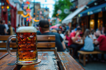 Wall Mural - beer mug on wooden table outdoors with blurry background of a restaurant with lots of people