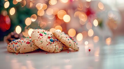 Wall Mural - Cookies with decorations displayed on a white surface in front of a background of blurry Christmas lights