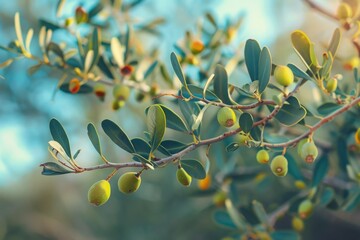 branches of jojoba plant with green seeds and leaves. outdoor setting with blurred background. botan