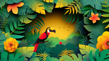 Wall Mural - Tropical jungle theme wallpaper with related images in layered paper cut style.