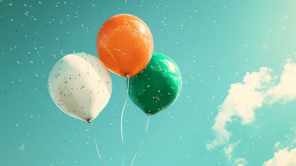 Three balloons in saffron, white, and green floating against a clear blue sky, symbolizing celebration and freedom.