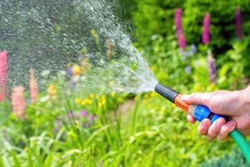 Gardener watering plants in the summer garden.